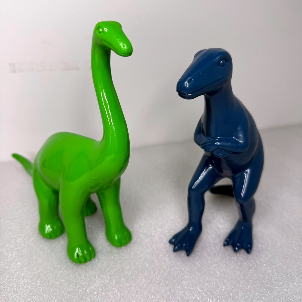 Ceramic Dinosaur Figurine Set Glossy Green Brachiosaurus & Blue Raptor Decor